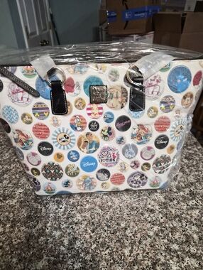Dooney & Bourke White Multicolor Disney Button-Print Tote with Black Trim